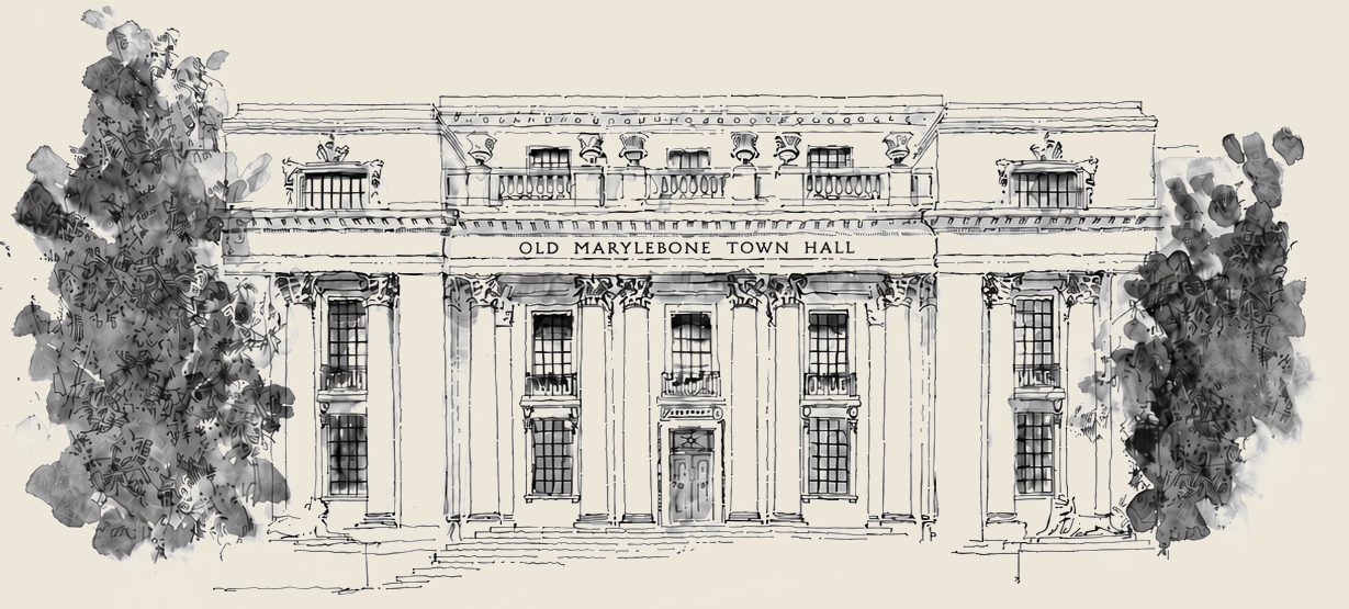 Old Marylebone Town Hall, pen and wash illustration